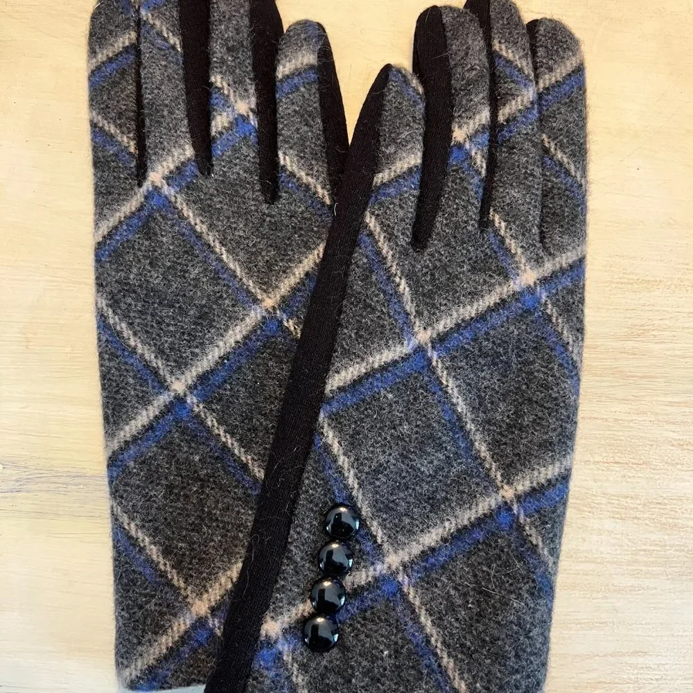 Winter Gloves Faux Cashmere Gray Blue Plaid Button Cuff Touch Screen Smart